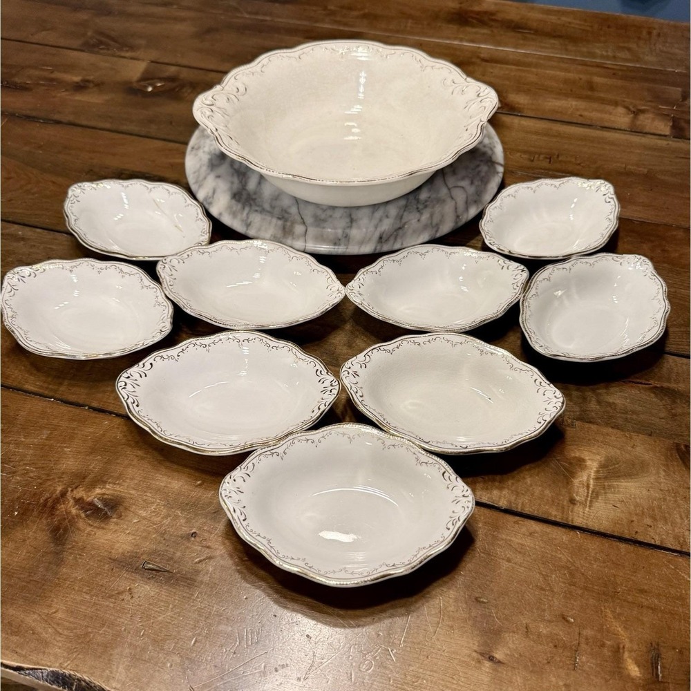 10pc VTG Antique W H Grindley White Scallop Gold China Serving Bowl Set England
